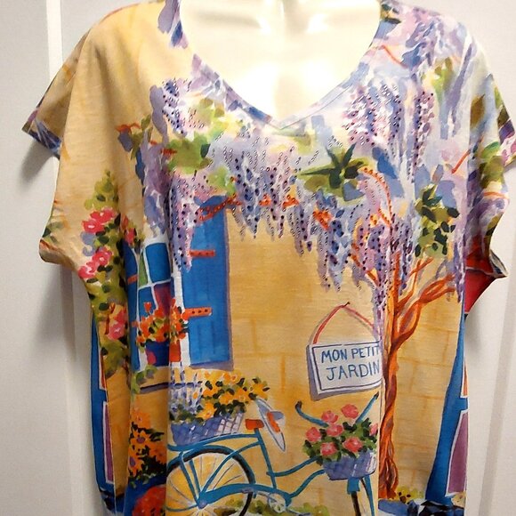 ELLEN NEGLEY "Art & Sol" Women's Multi-Colors V-Neck Cap Sleeve Top - Size Large - Picture 3 of 14